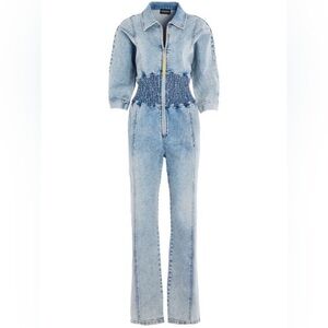 Retrofete Light Blue Denim Jumpsuit with Smocked Waist size M